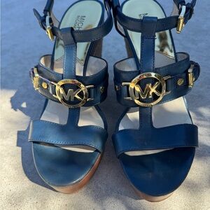 Michael Kors Blue Strappy Sandals with High Heel and Gold Embellishment